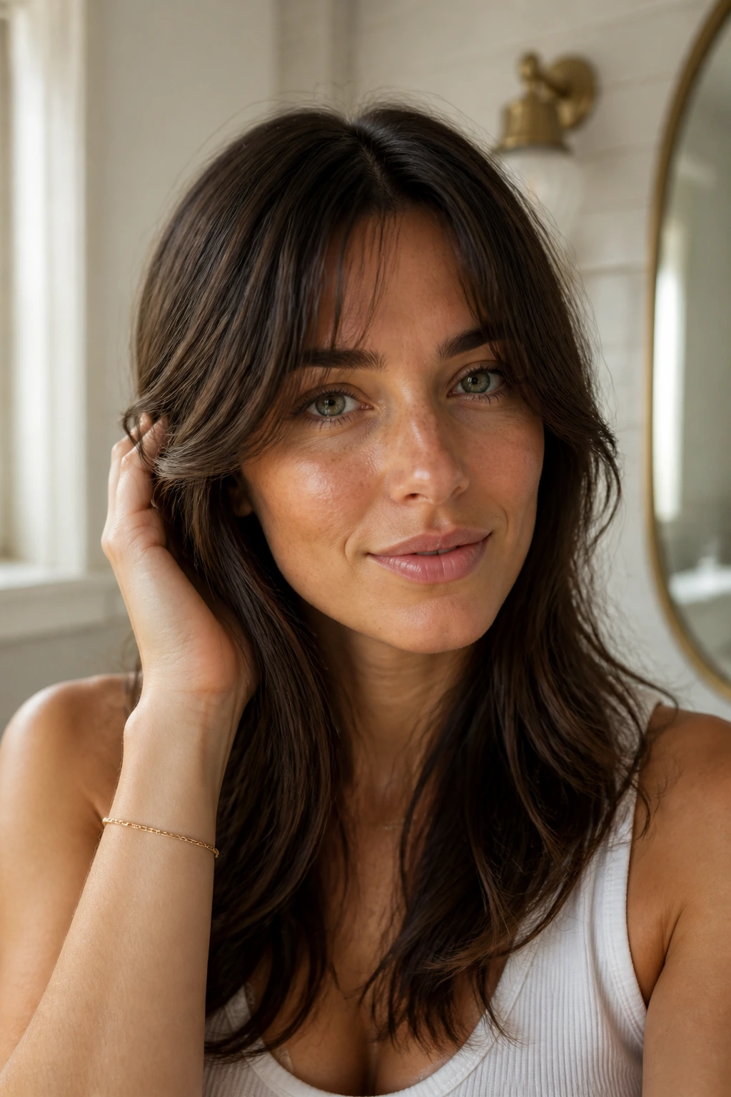 Close-up portrait showing curtain bang shape that flatters a real person's hairline