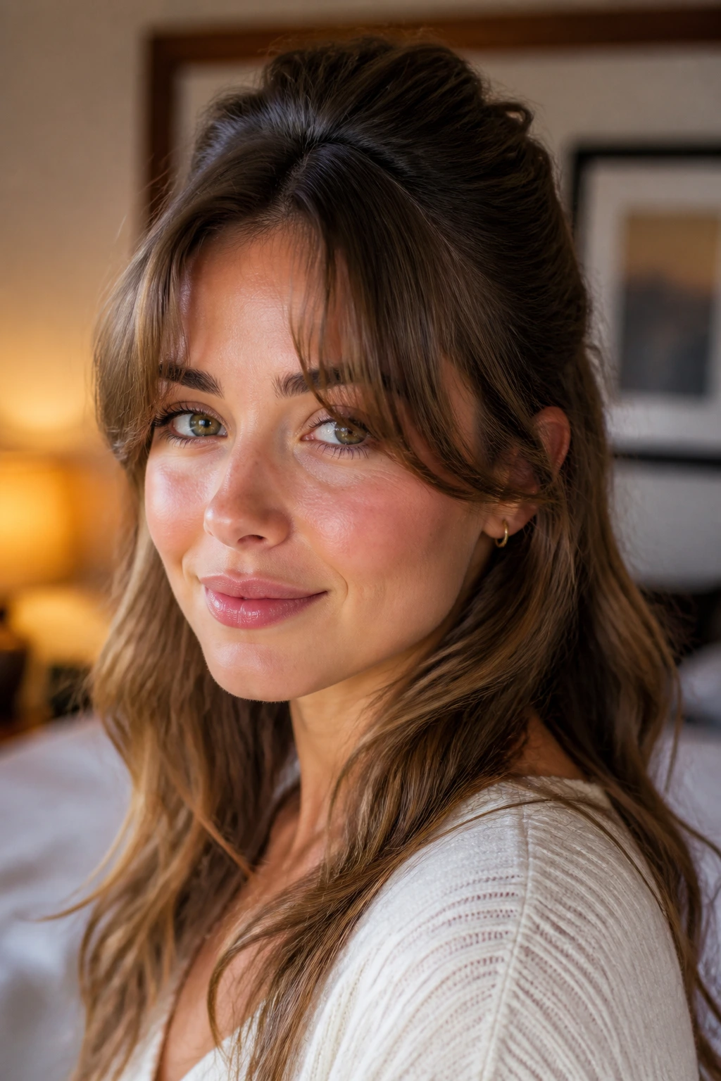 Close-up portrait of a real woman with curtain bangs and half-pin back.