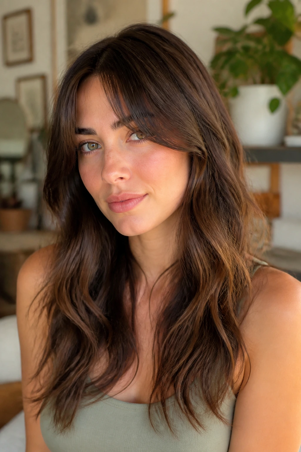 Close-up portrait of a real person with curtain bangs on a heart shaped face