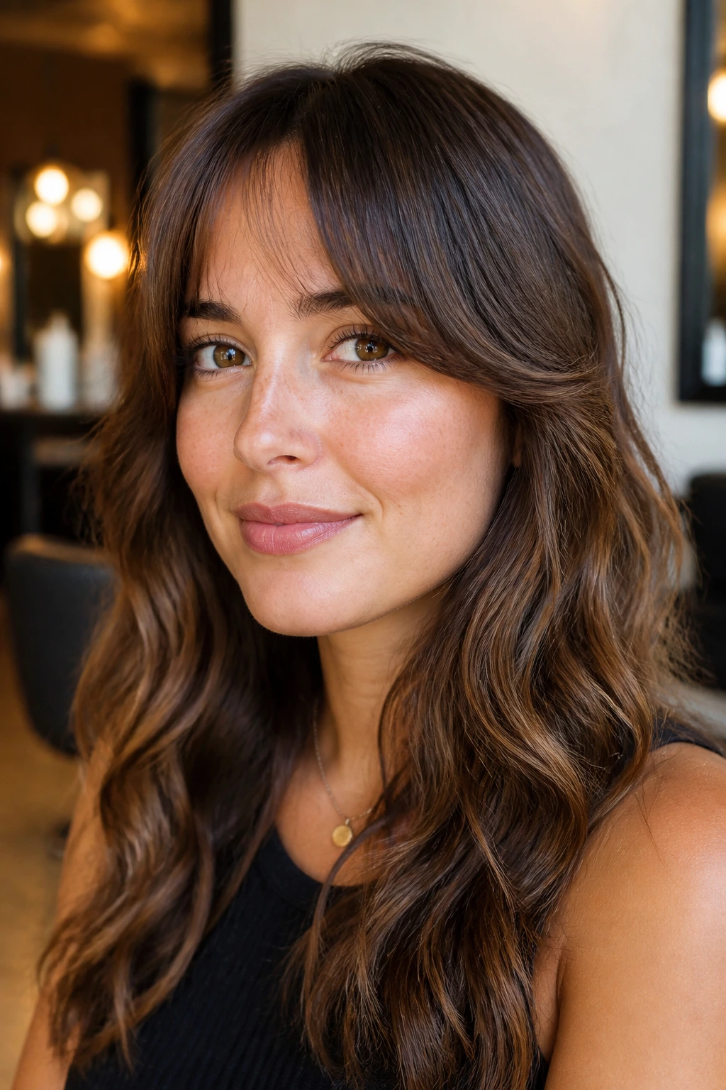 Close-up of a woman with balanced curtain bangs in a soft salon setting