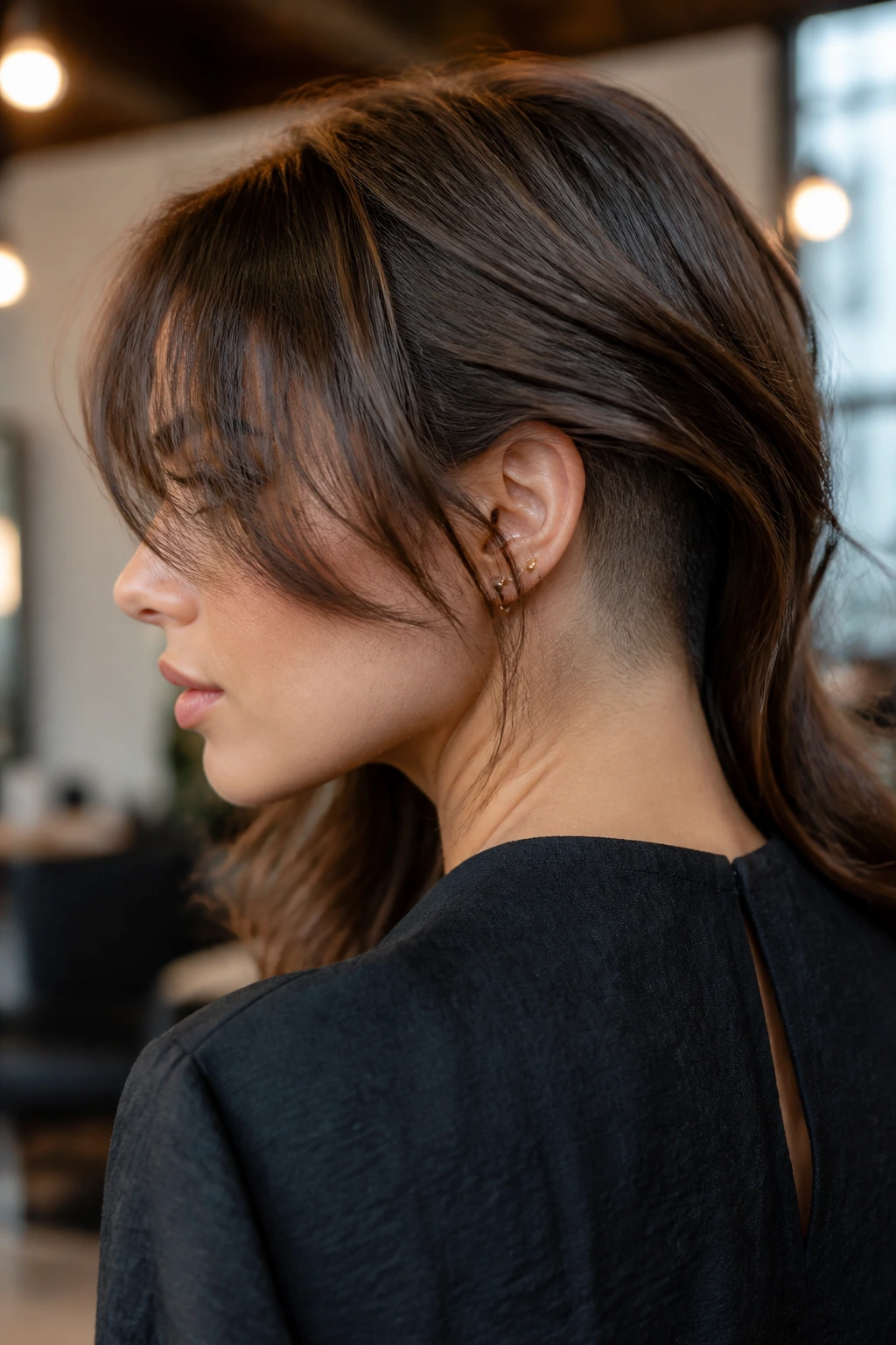 Close-up of woman with curtain bangs and hidden shave at nape in a salon