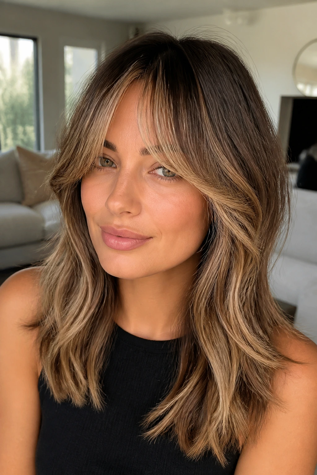 Close-up portrait of a real person with highlighted curtain bangs for dimension