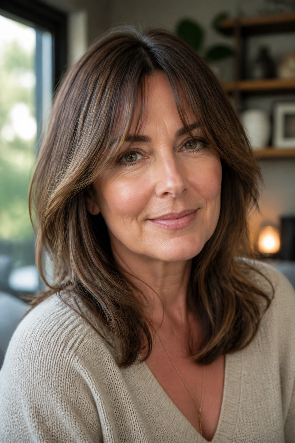 Portrait of a woman with well-kept curtain bangs in a home setting