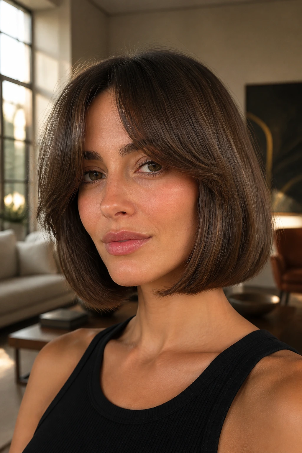 Close-up portrait of a real woman with Italian bob and curtain bangs in warm window light.
