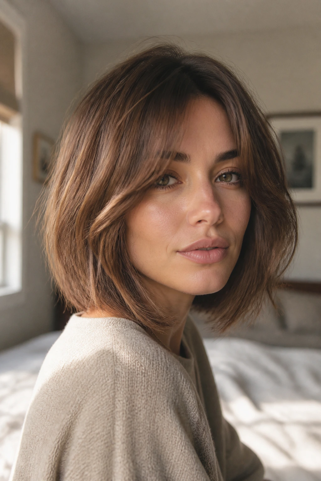 Real woman with curtain bangs and layered bob in warm window light