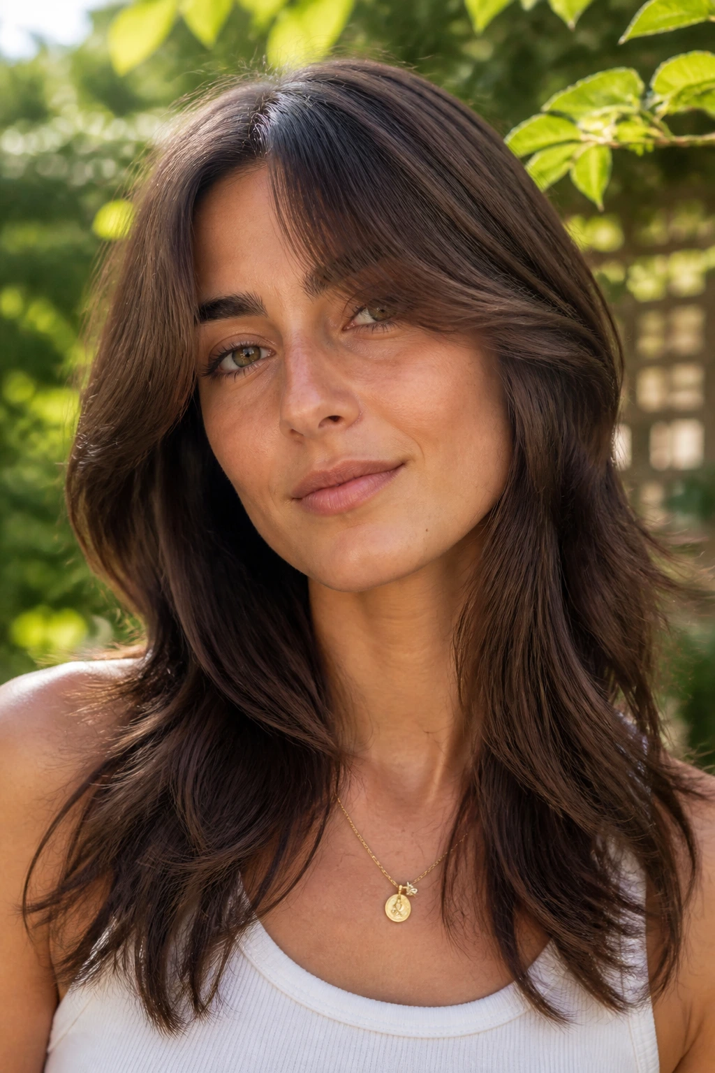 Real woman with layered hair and curtain bangs outdoors in soft sunlight