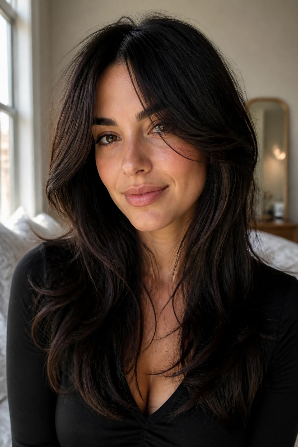 Close-up of curtain bangs opening the face on a real person