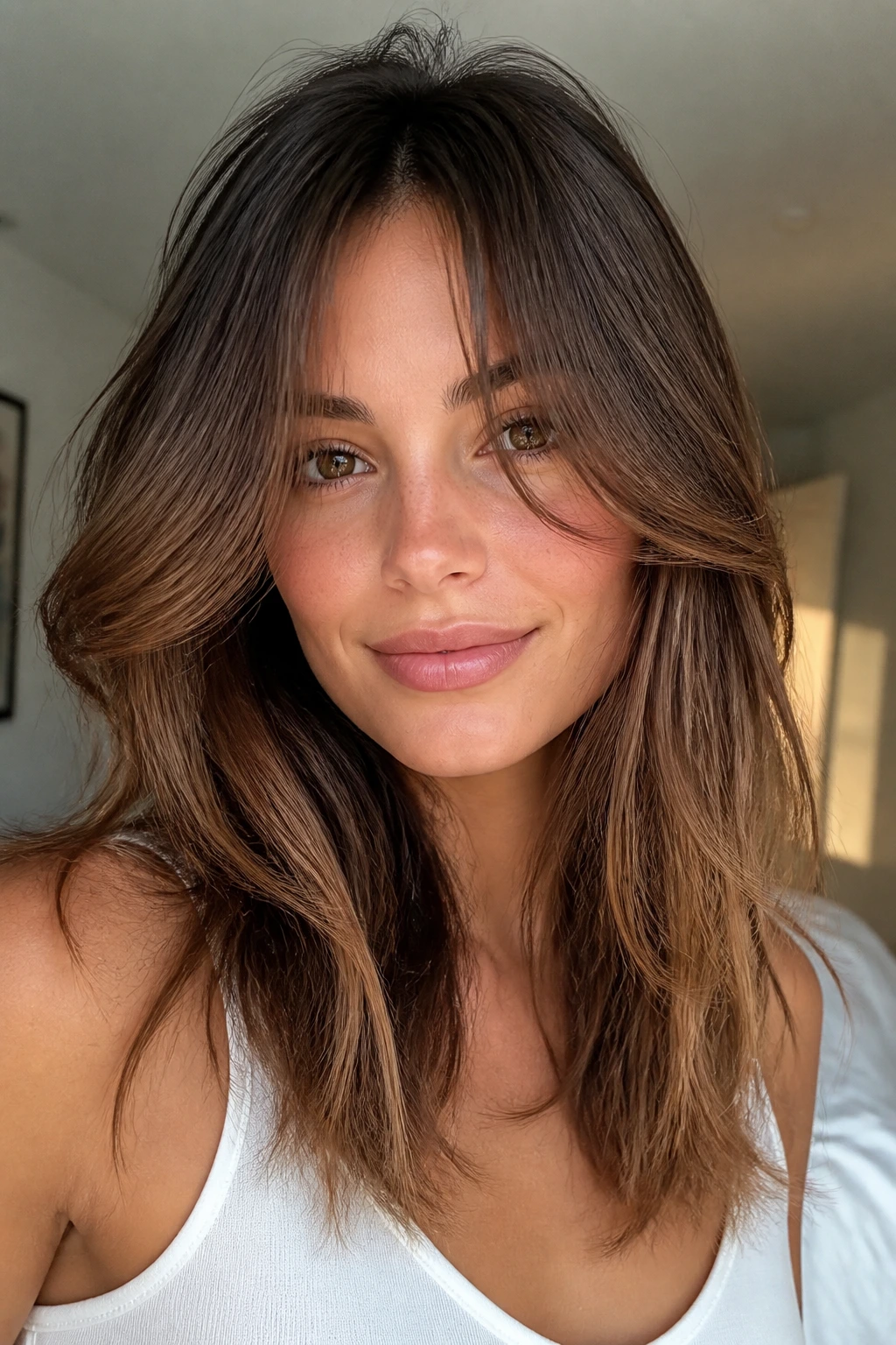 Portrait of a woman with curtain bangs and airy face-framing layers.
