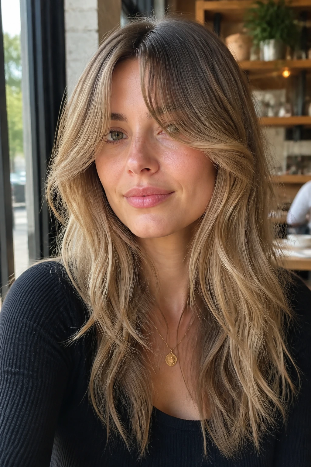 Portrait of a woman with curtain bangs splitting naturally and front layers