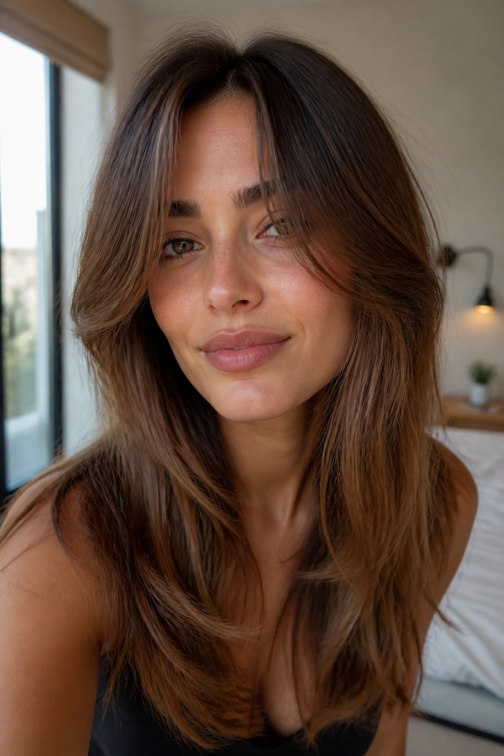 Close-up of long hair with curtain bangs framing the face