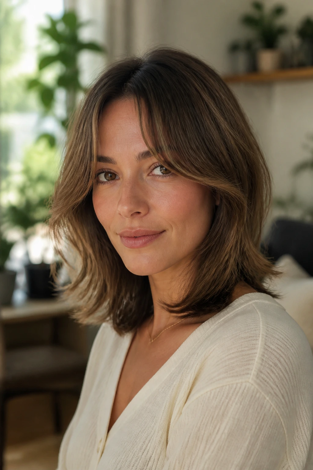 Portrait of a woman with curtain bangs blending into layered hair