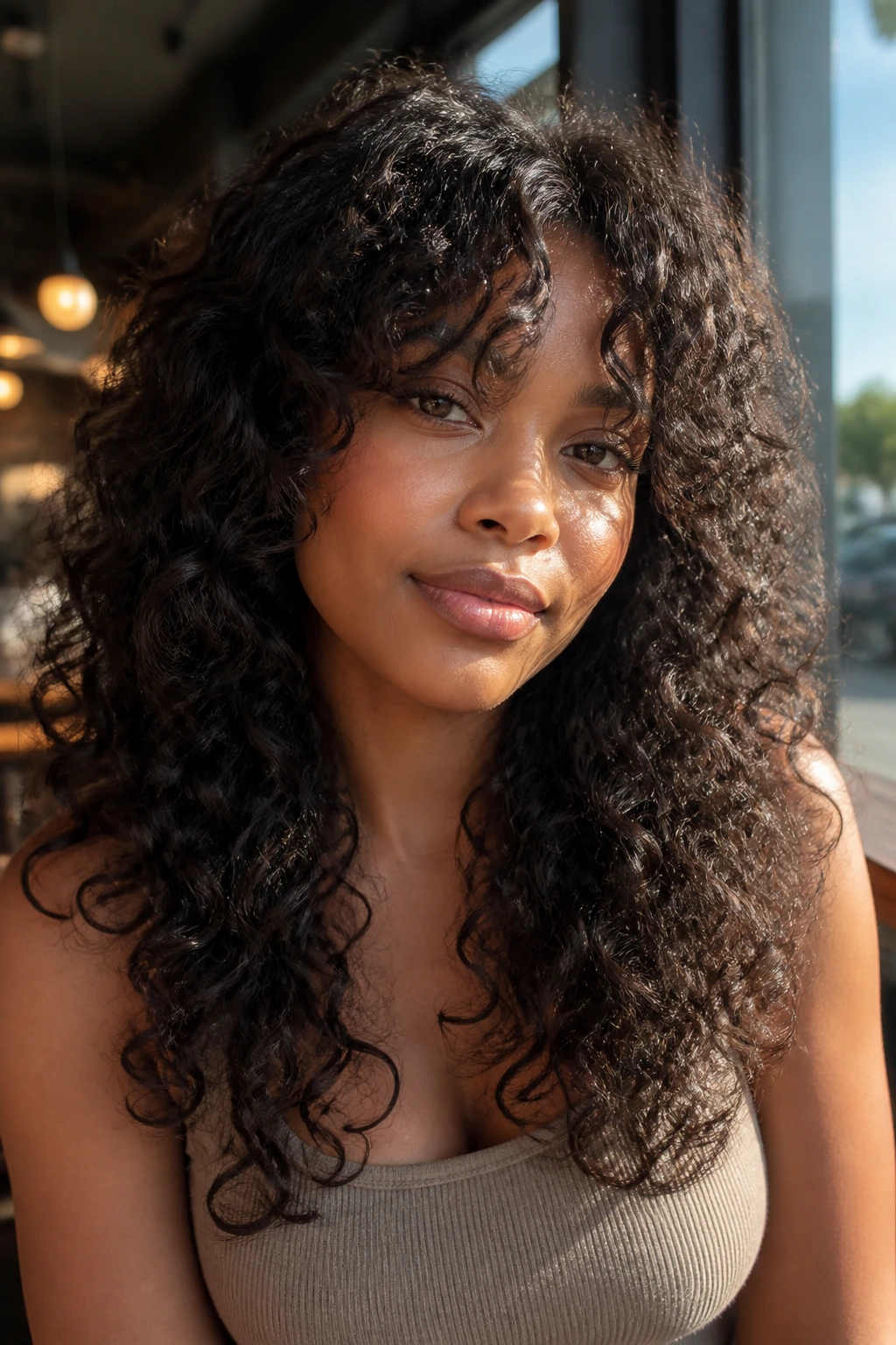 Close-up portrait of a real Black woman with curtain bangs and layers