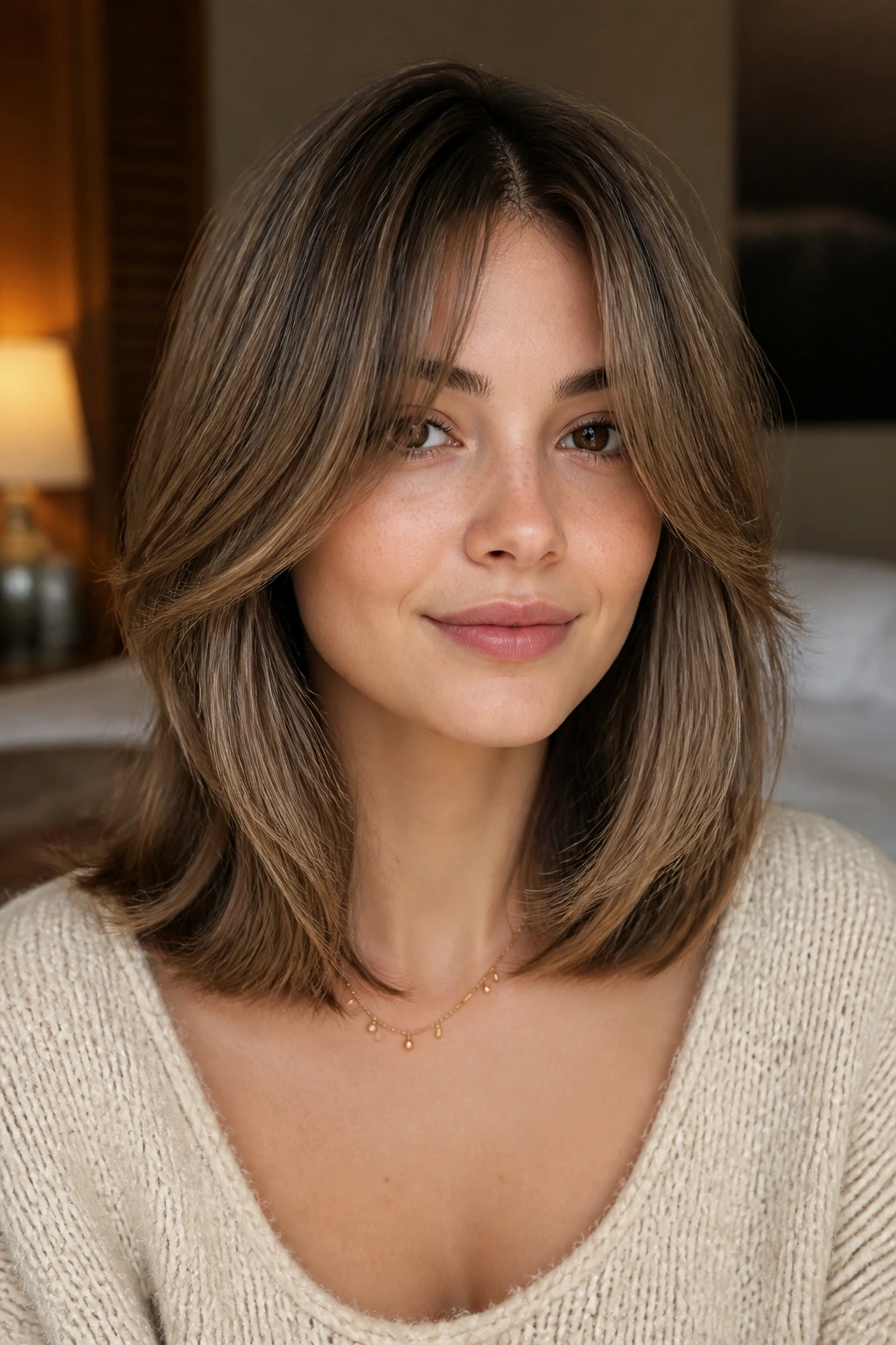 Real person with curtain-bang layers and soft center part