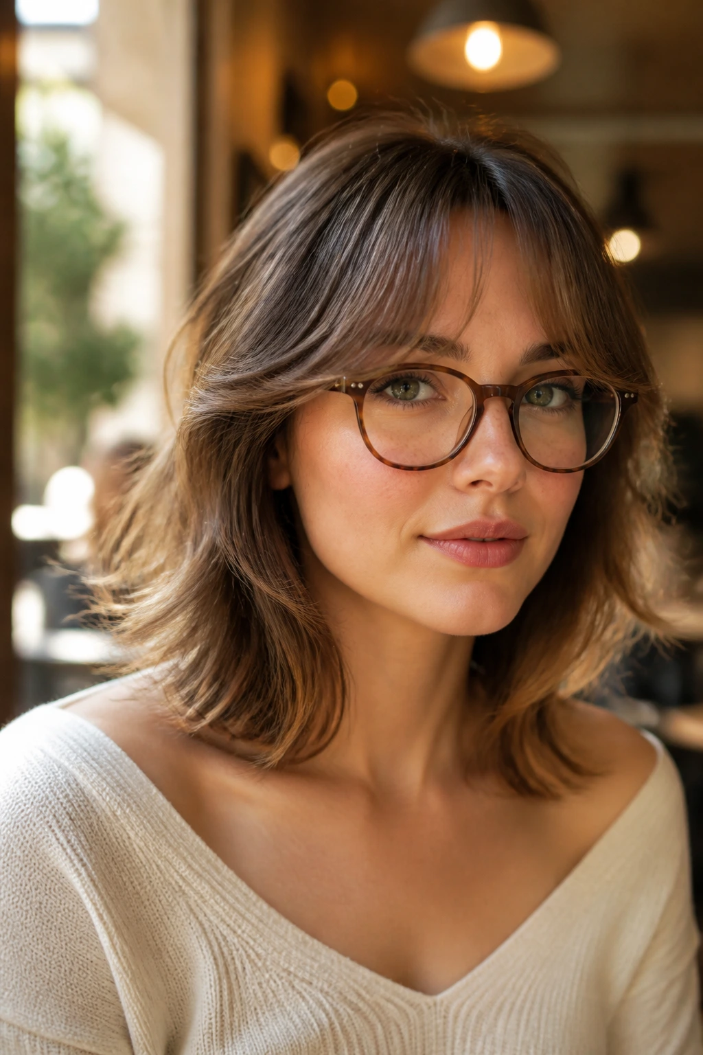 Portrait of a woman with curtain bangs and floating layers.