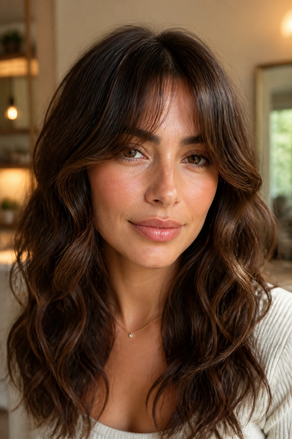 Close-up portrait of a woman with curtain bangs and waves in warm light