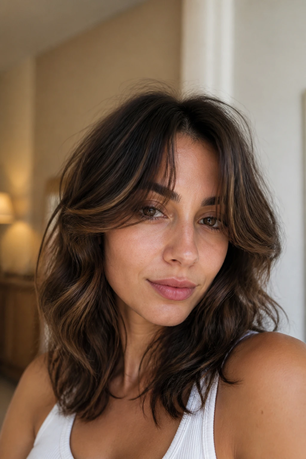 Close-up portrait of curtain bangs with root lift and softer sides on a real woman