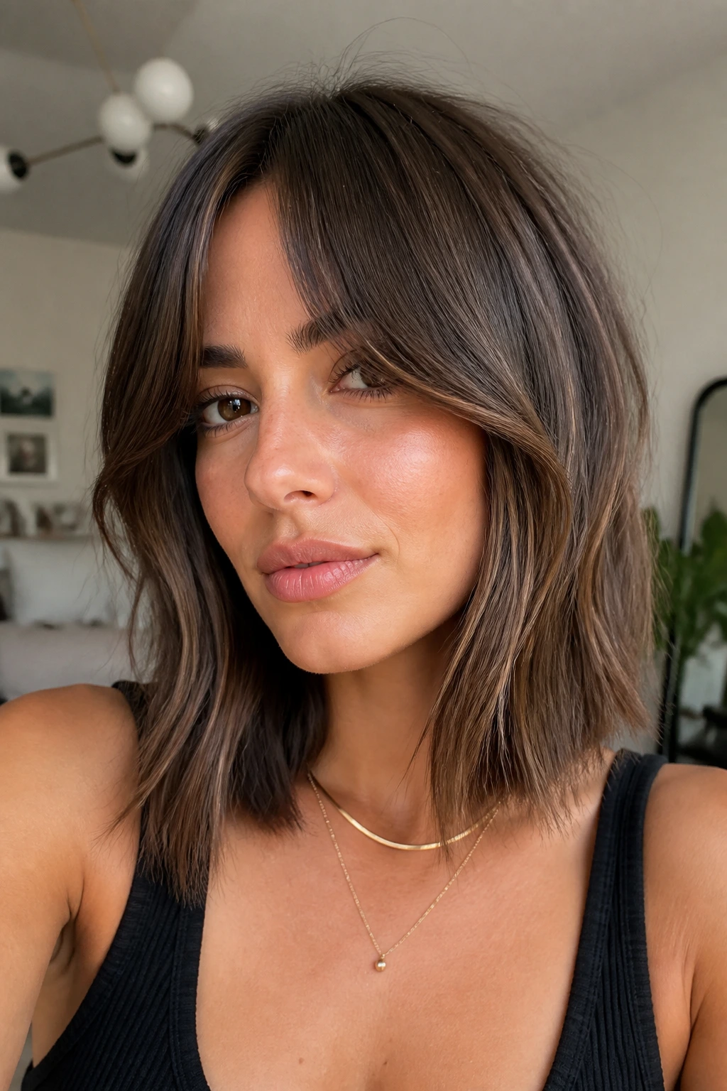 Real woman with curtain bangs and soft side lob