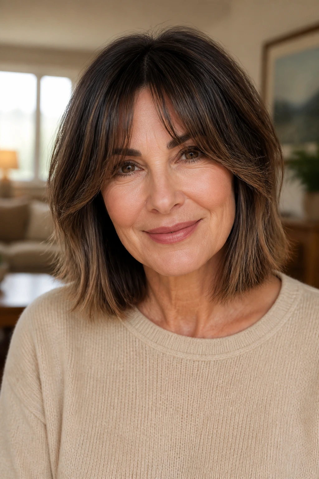 Portrait of a real woman with curtain bangs and lob in soft daylight
