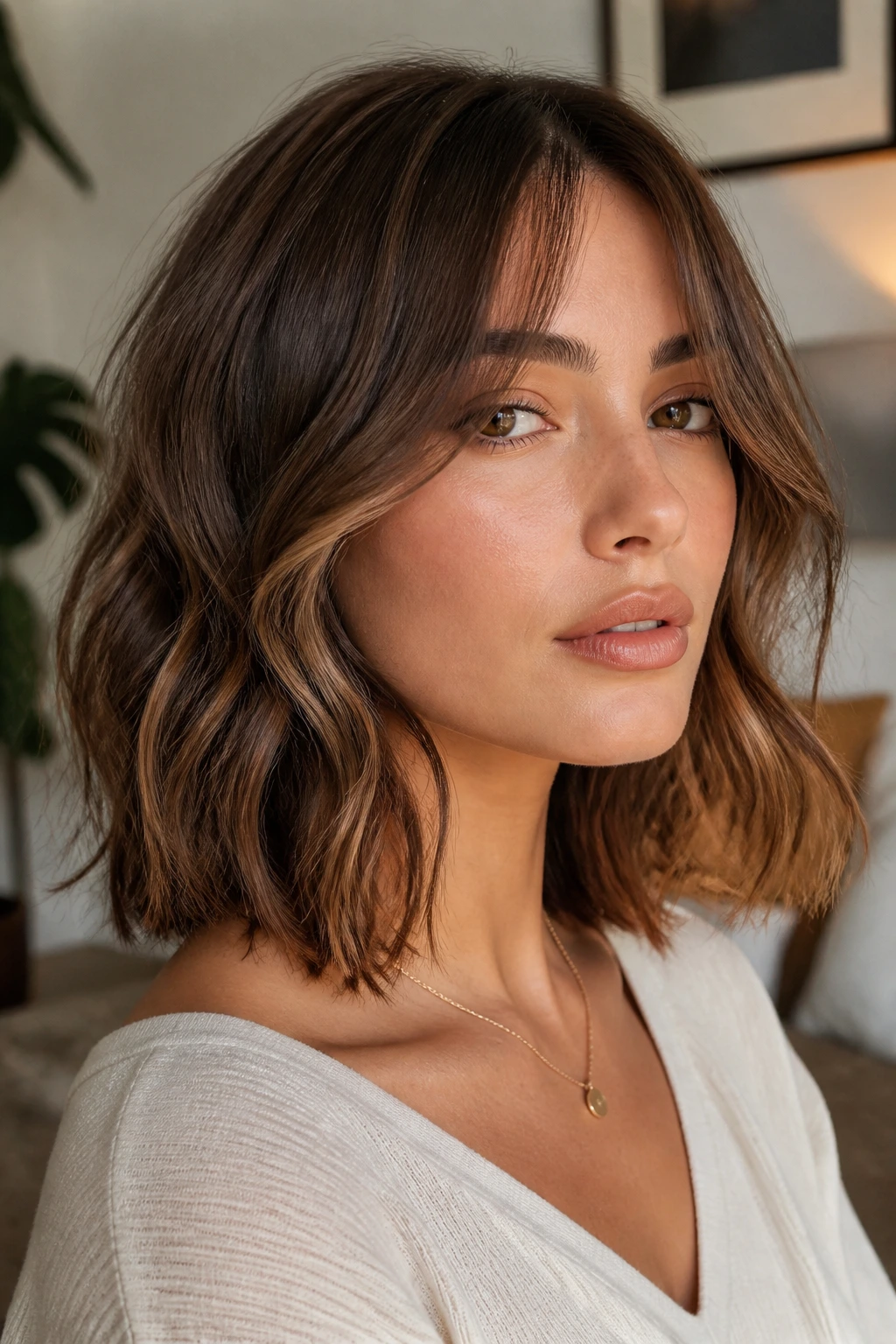 Close-up portrait of a real woman with curtain bangs and a lob