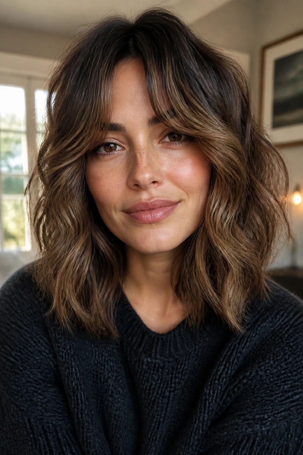 Close-up of a woman with curtain bangs blended into a lob