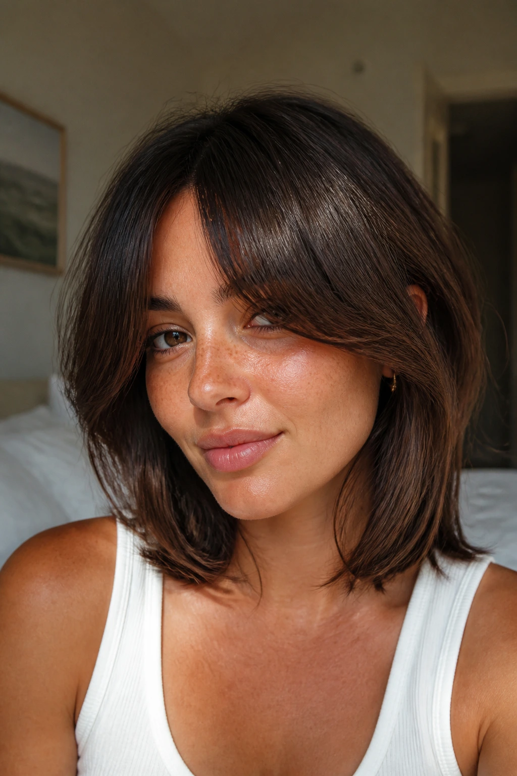 Portrait of a woman with curtain bangs and shoulder-skimming lob