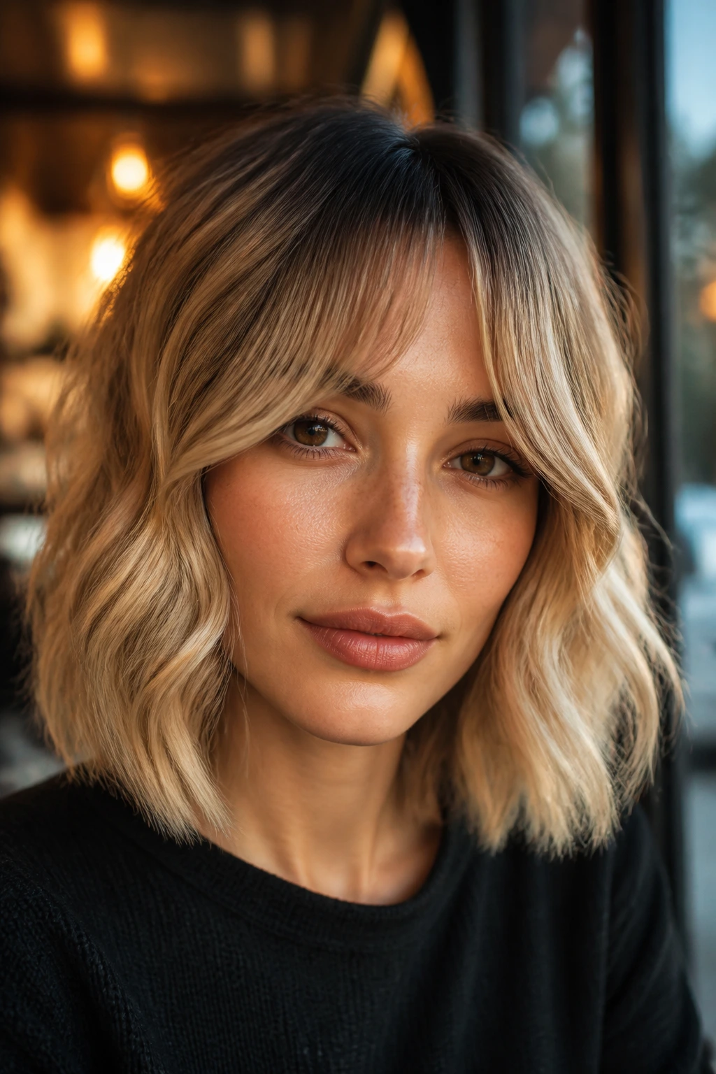 Real woman with curtain bangs on a lob and root melt in warm cafe window light