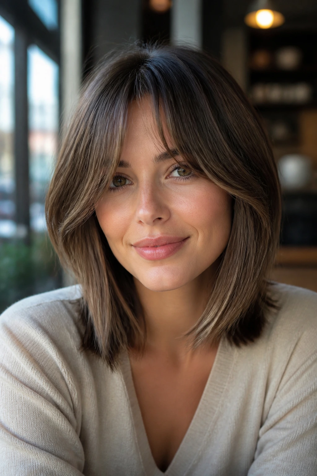Woman with curtain bangs and lob, soft frame across cheeks