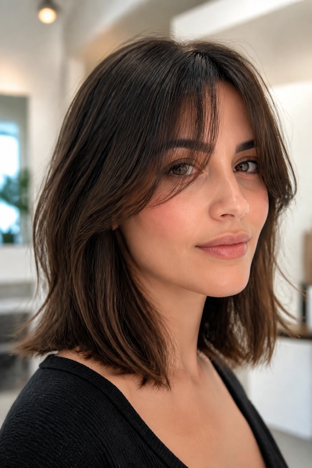 Close-up portrait of a real woman with airy curtain bangs and mid-length lob