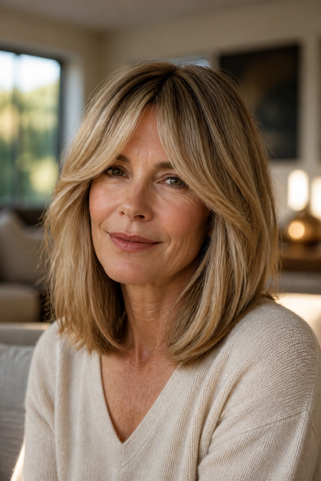 Close-up of a woman with long curtain bangs blending into a lob, warm natural light.