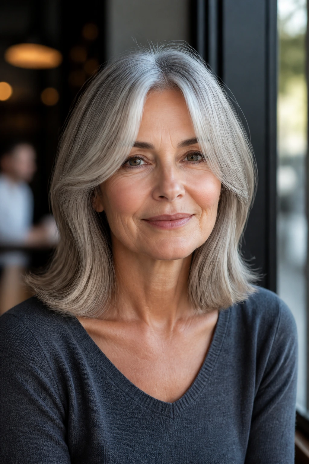 Real woman with curtain bangs and collarbone-length lob in daylight at a cafe window