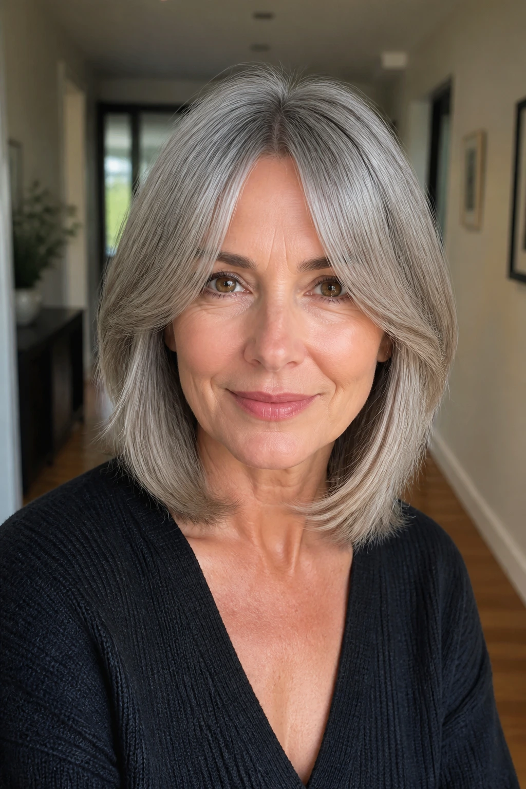 Portrait of a person with curtain bangs and a mid-length lob
