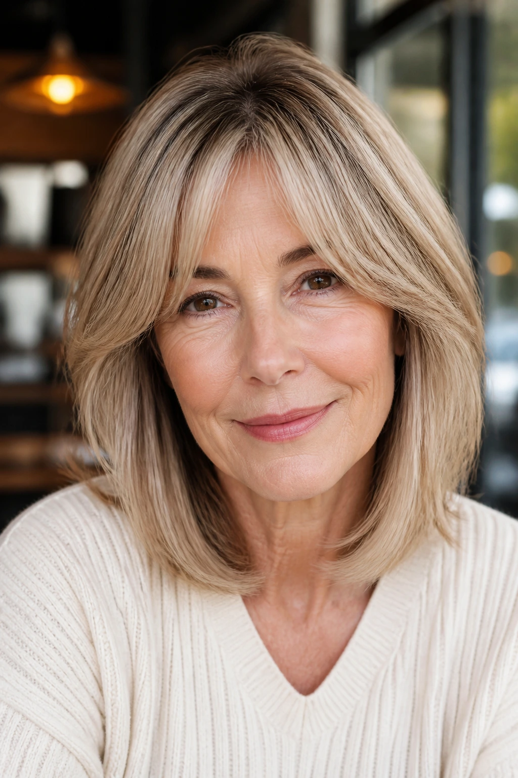 Real woman with curtain bangs and a lob hairstyle in warm natural light