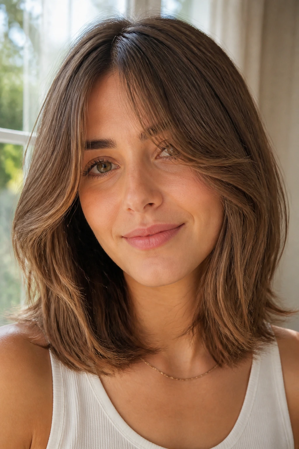 Portrait of a real woman with curtain bangs and lob haircut in natural light