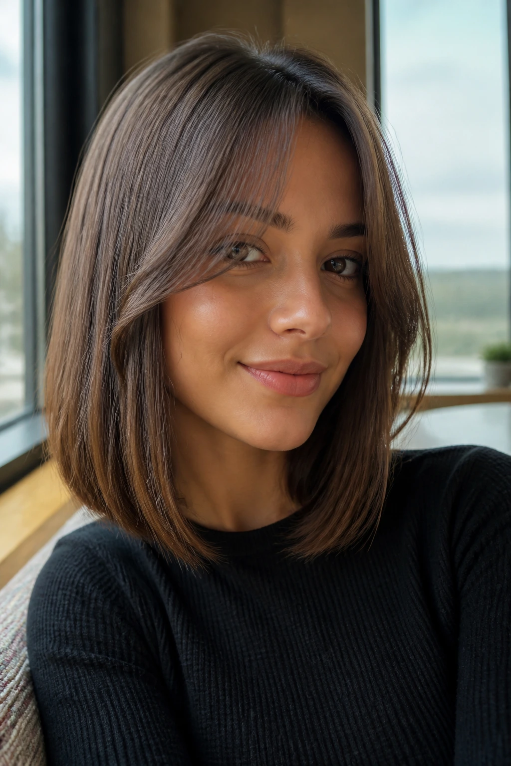 Close-up of a person with curtain bangs on a shoulder-length lob