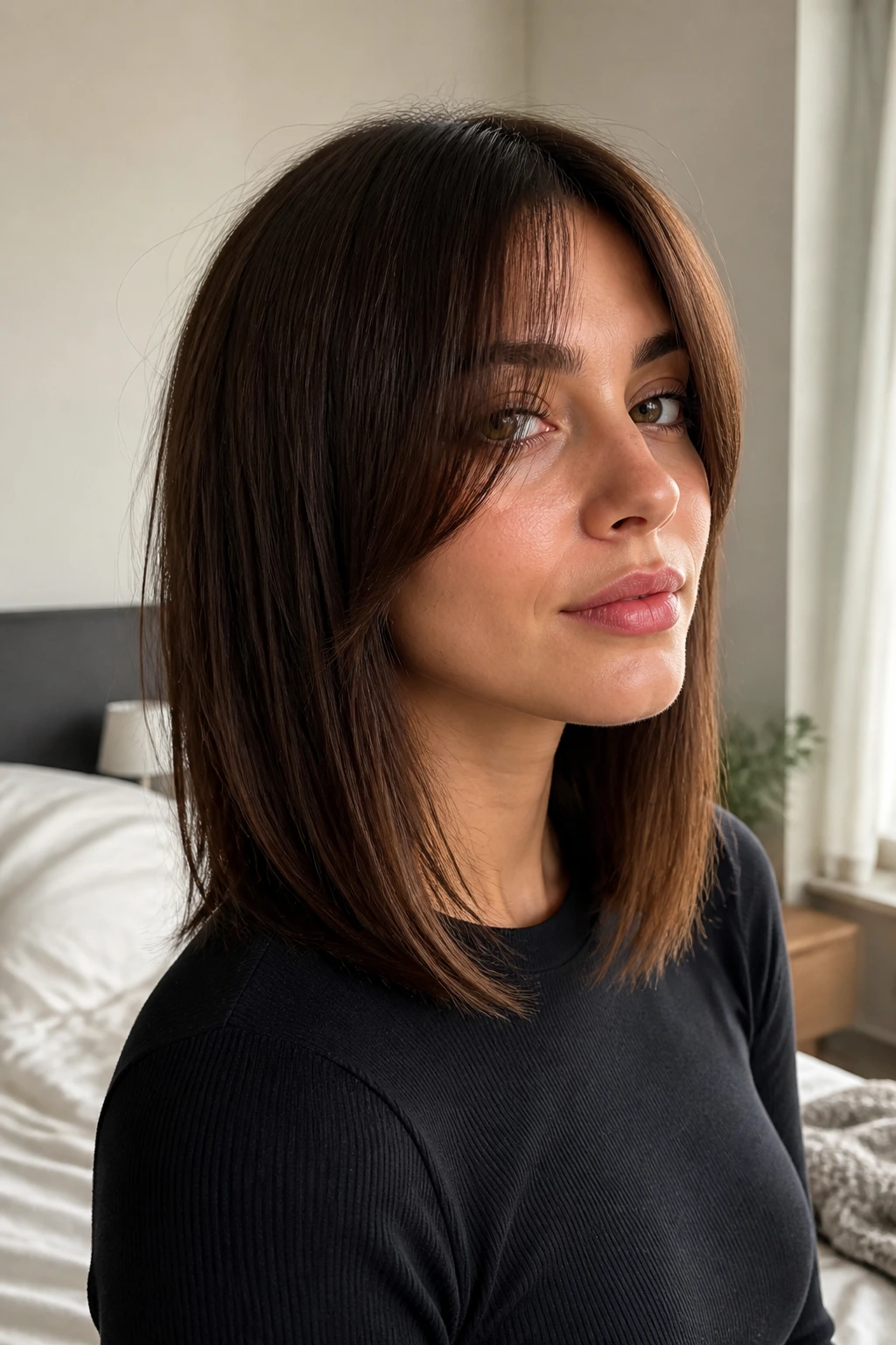 Portrait of a real person with curtain bangs blending into a long bob