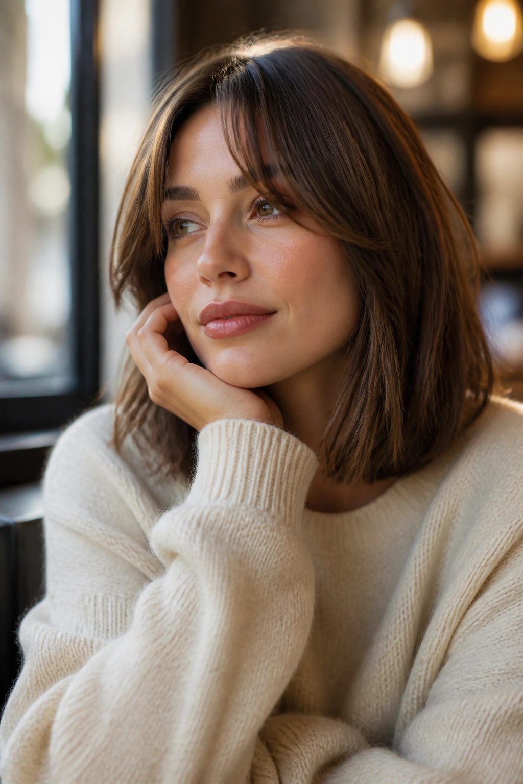 Thoughtful close-up of a real person with curtain bangs and lob