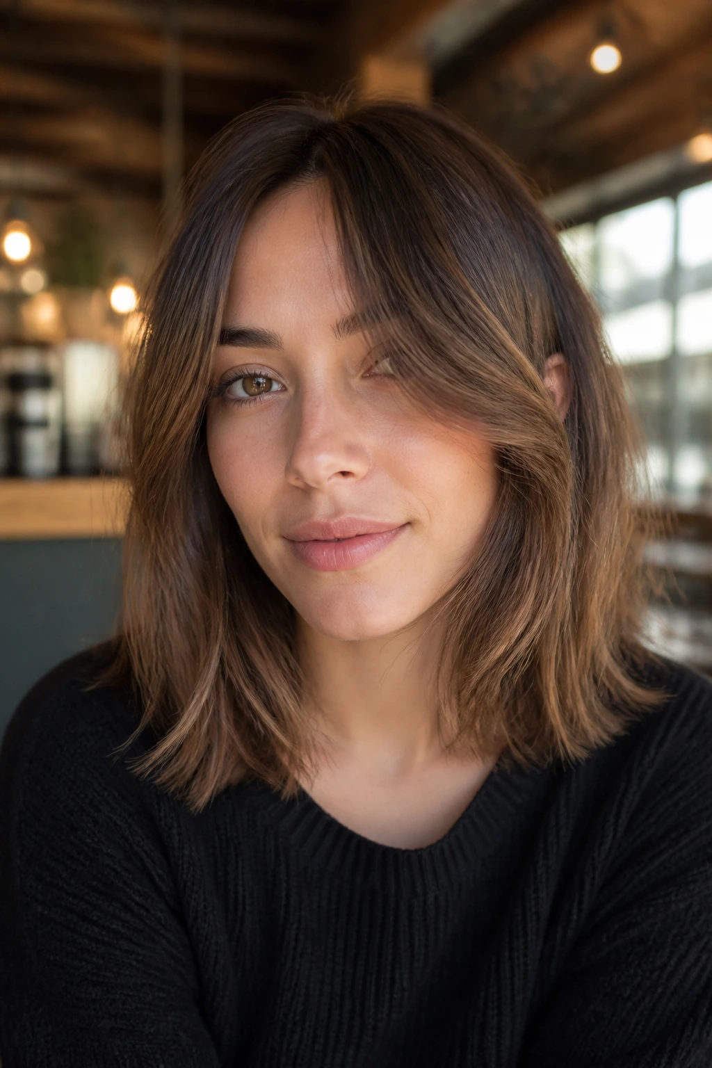 Portrait of person with curtain bangs and shoulder-length lob in sunlit cafe
