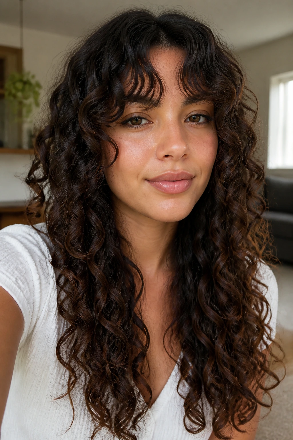 Close-up of a real woman with curtain bangs and long cascading curls.