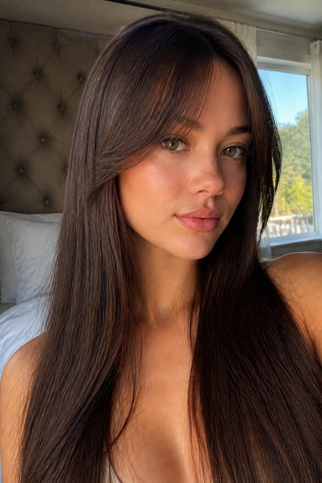 Portrait of a woman with curtain bangs blending into long straight hair.