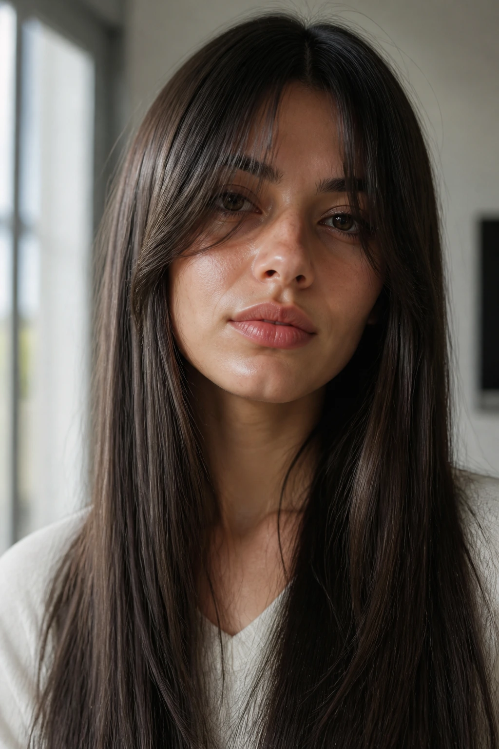 Portrait of woman with long bone-straight hair and curtain bangs