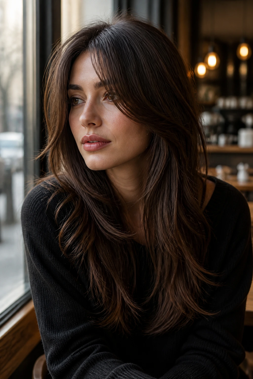 Portrait of a real woman with curtain bangs and blended longer layers