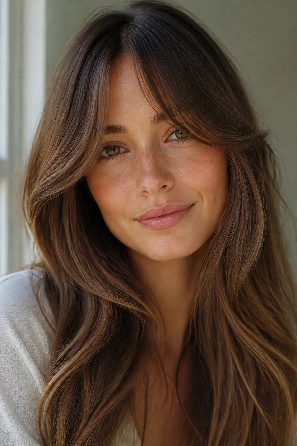 Close-up portrait of a real person with long hair and curtain bangs in natural window light