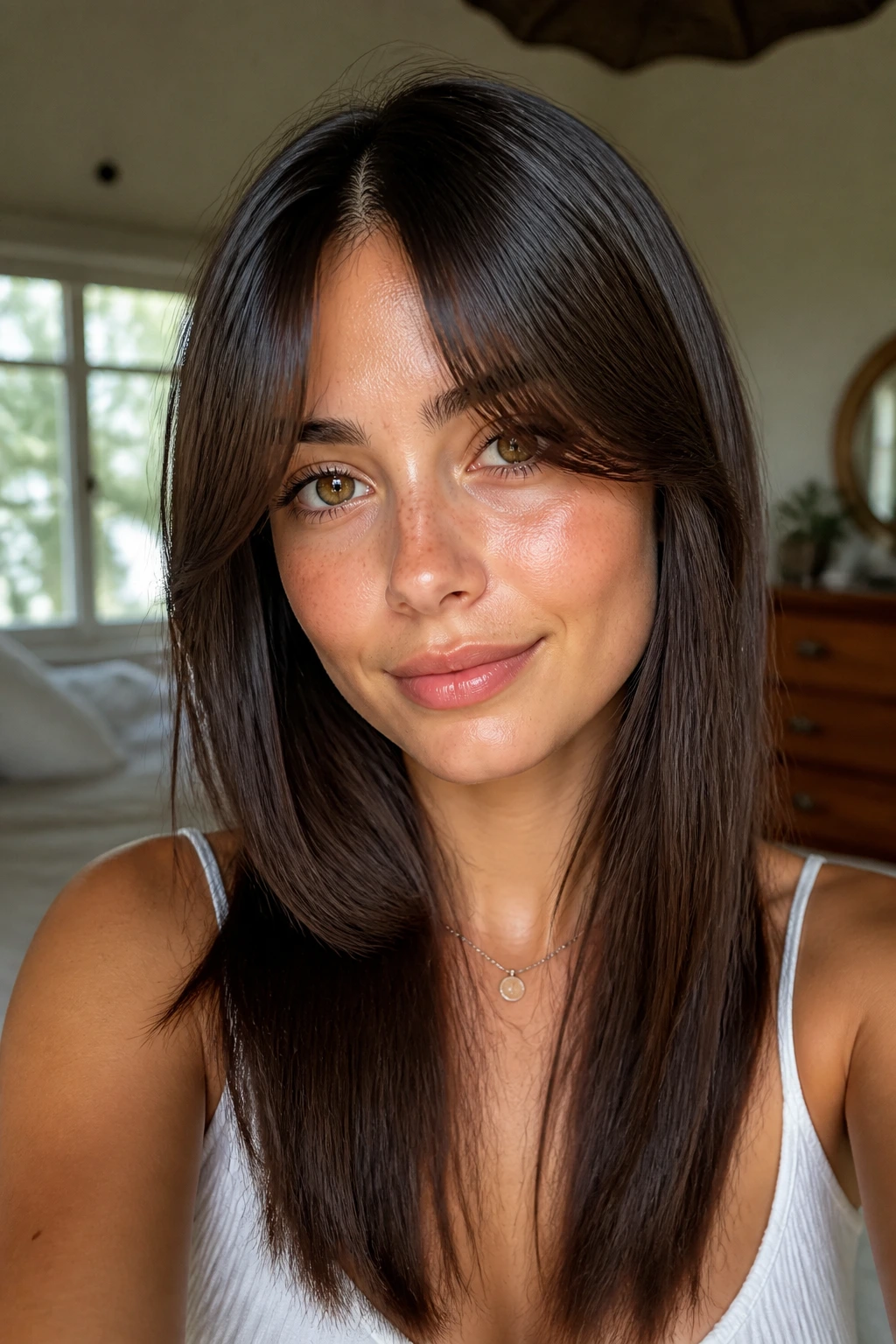Close-up portrait of a woman with curtain bangs and jaw-to-collarbone length, soft natural light.