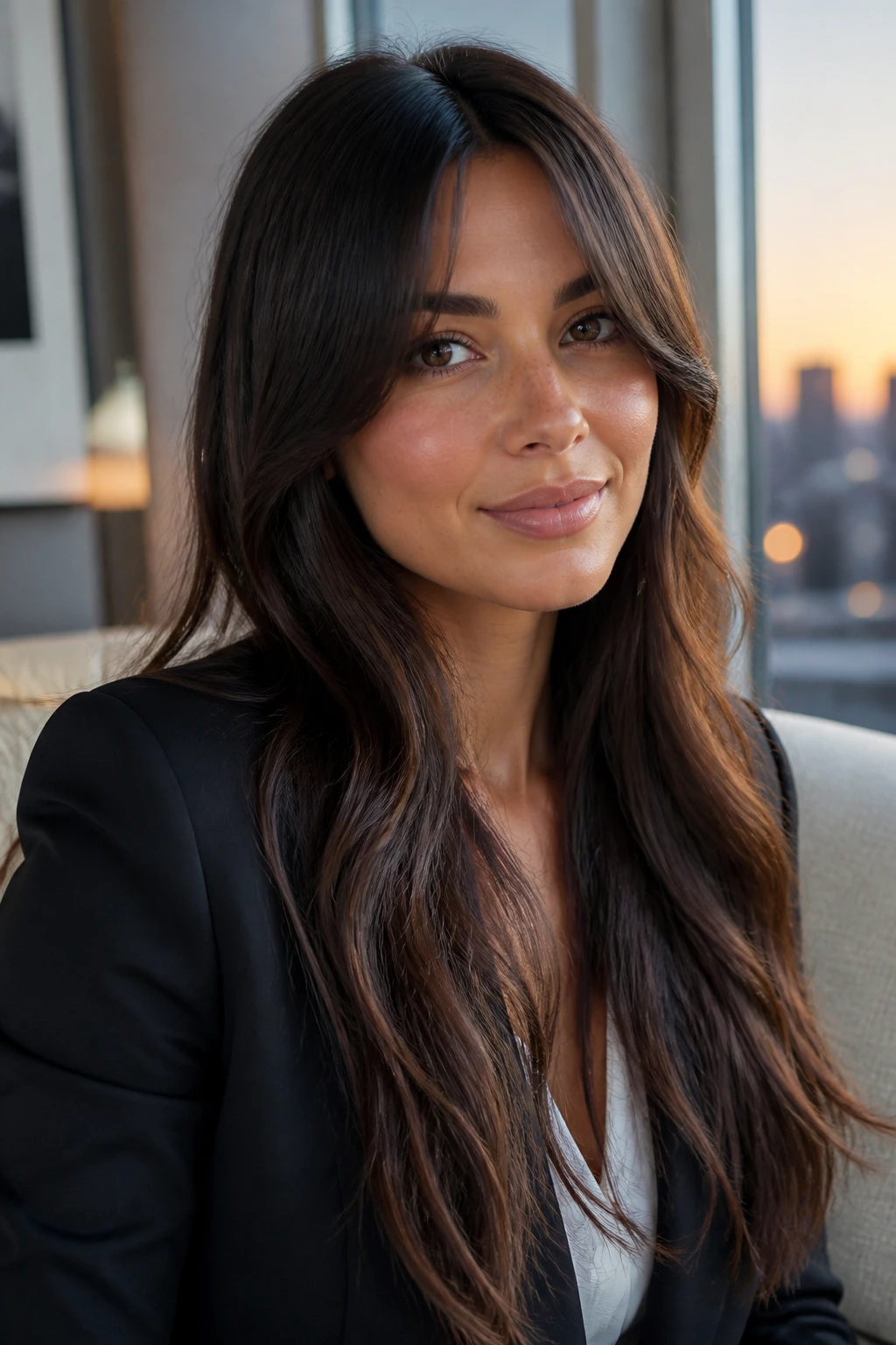 Close-up portrait of a woman with long hair and curtain bangs in office window light