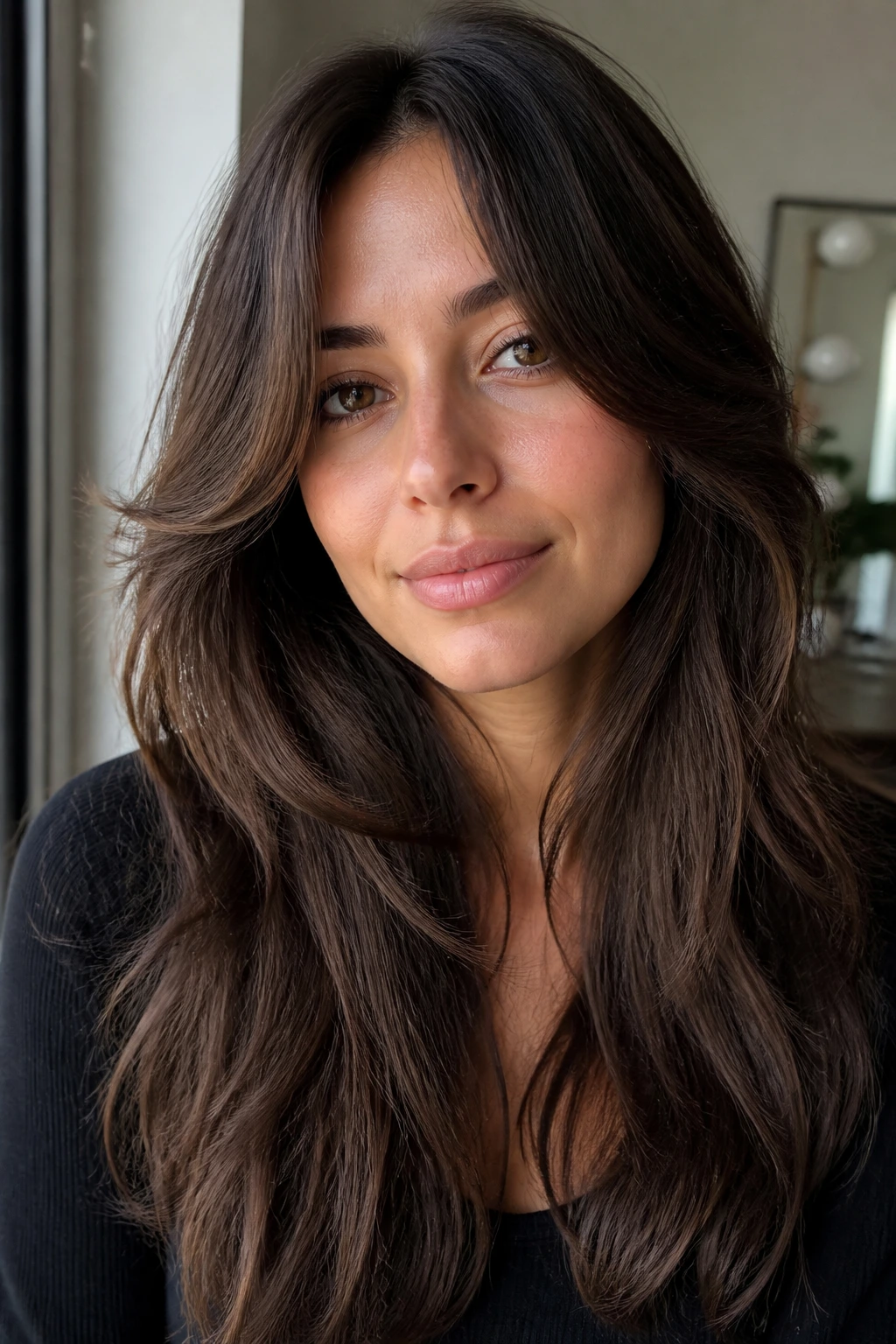 Close-up of a woman with curtain bangs and long layers.