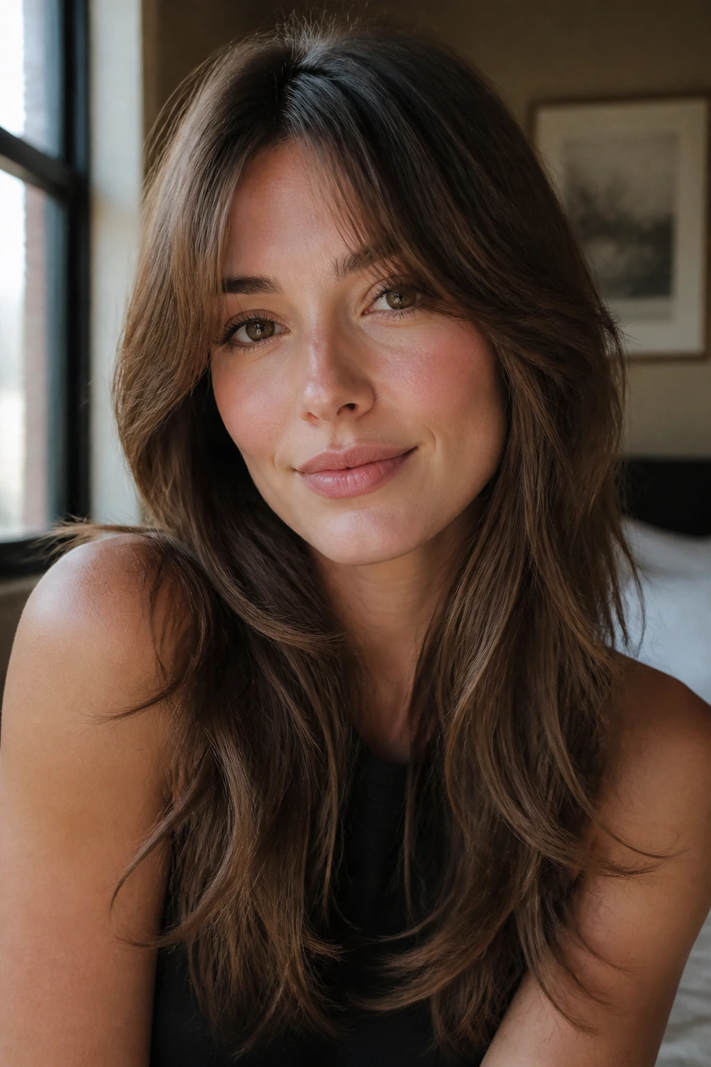 Portrait of a woman with curtain bangs and long layers