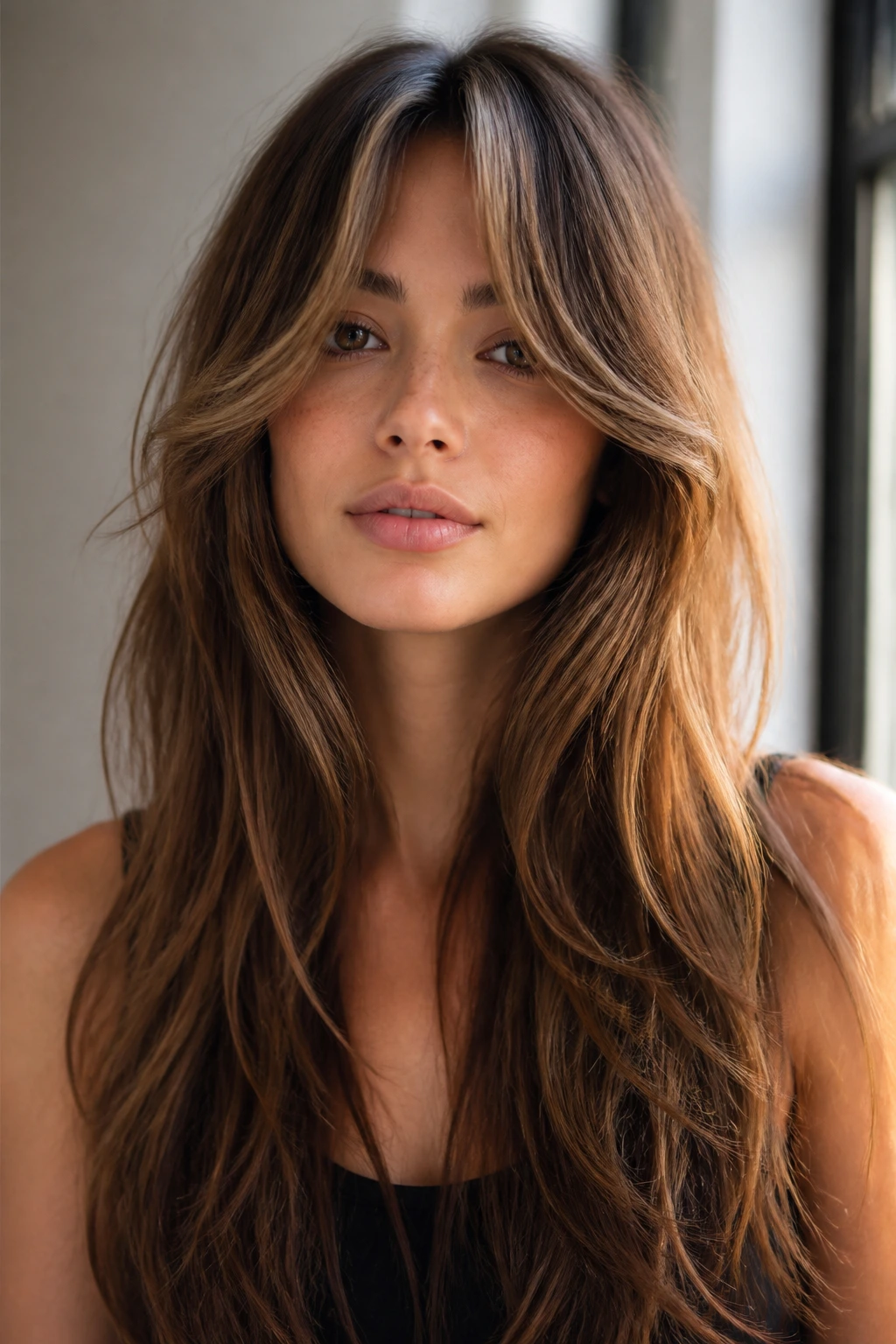 Close-up of a real woman with curtain bangs blending into long layers