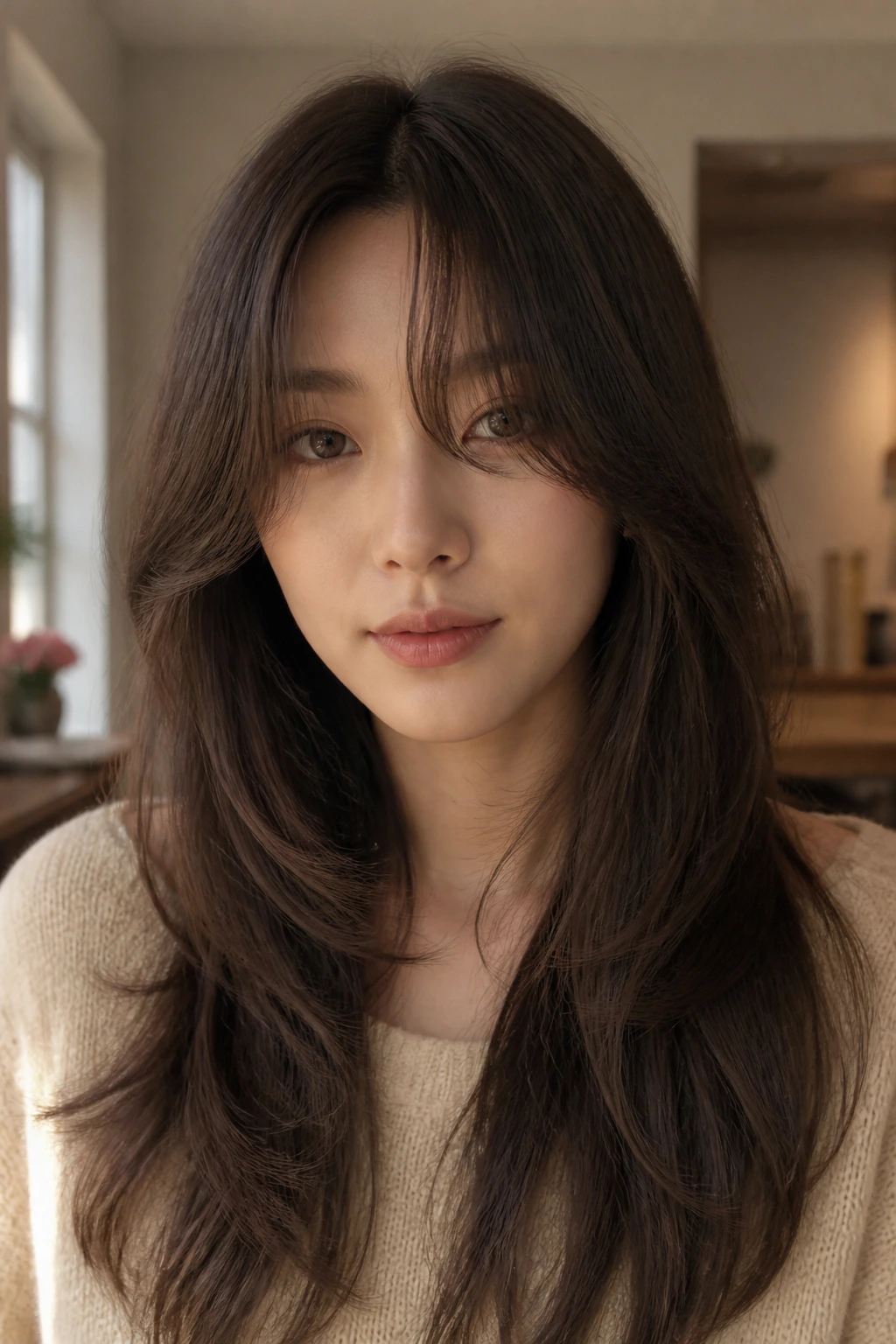 Portrait of a woman with curtain bangs and long layers in a cozy room