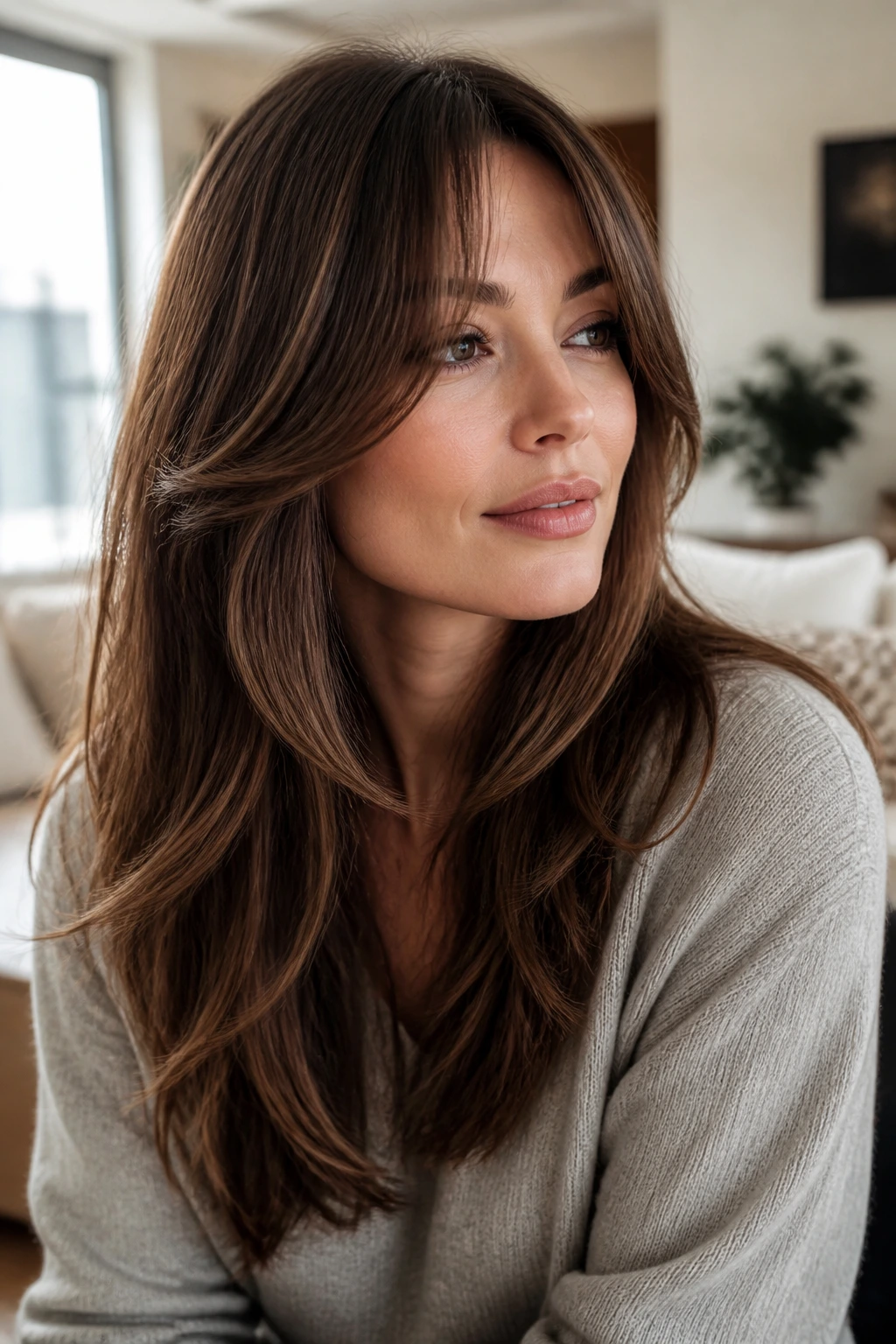 Close-up of curtain bangs and long layers on a real woman