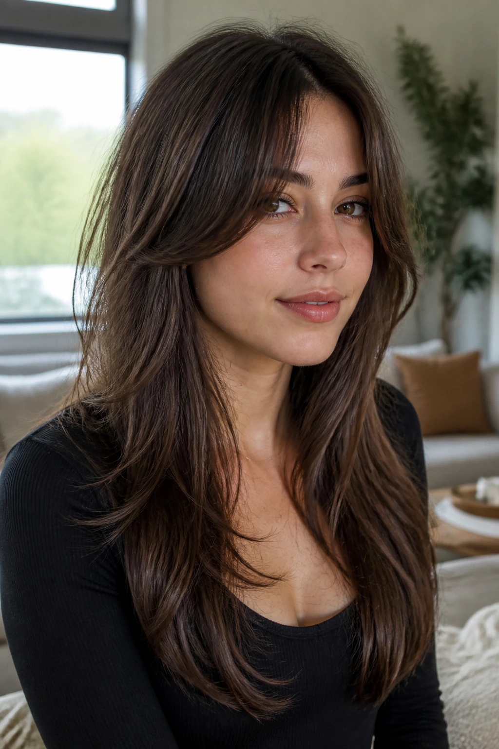 Close-up portrait of a real person with curtain bangs and long layers in a cozy daylight-lit room.